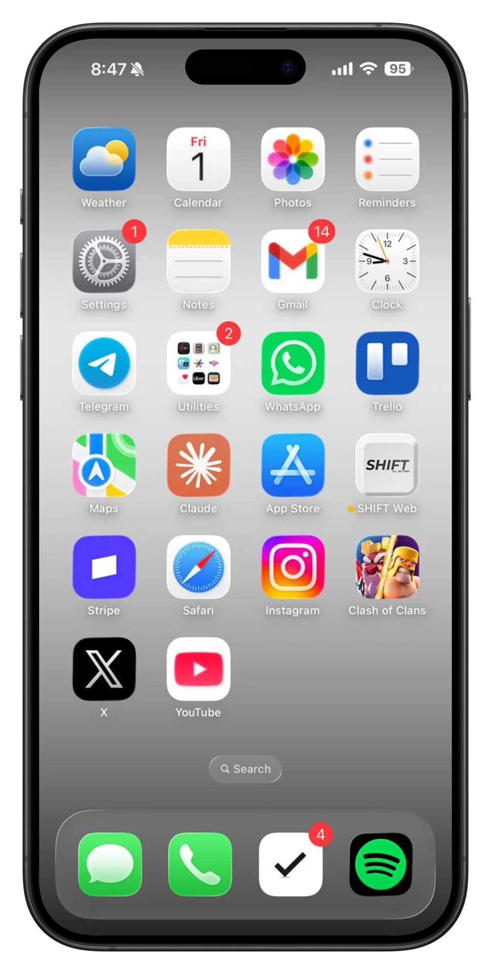 iPhone Home Screen with everyday apps in fixed positions